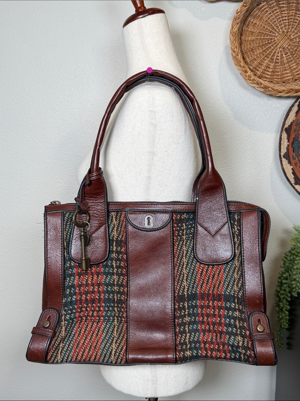 Y2K Vintage Fossil Reissue Leather And Tweed Satchel Shoulder Bag Brown Satchel
